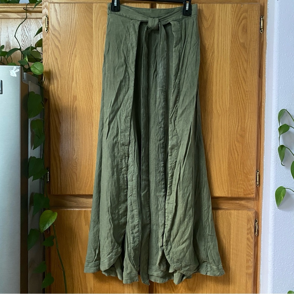 Free People American Ride Maxi Skirt Linen Olive Sage Green Wrap Side Slits 2 - Picture 6 of 10